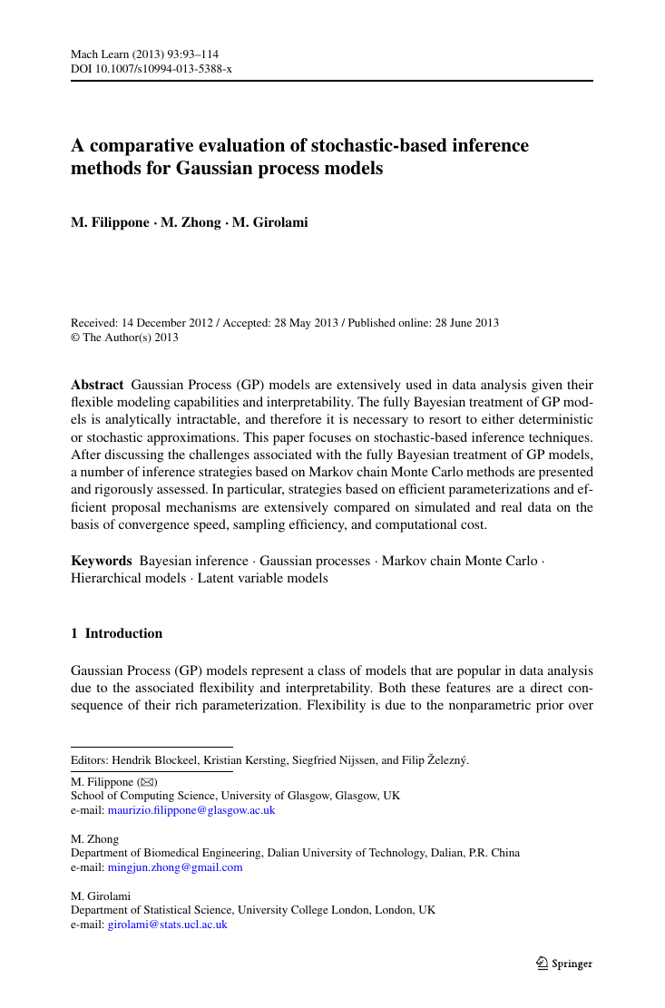 First page of comparative evaluation of stochastic inference for GPs paper