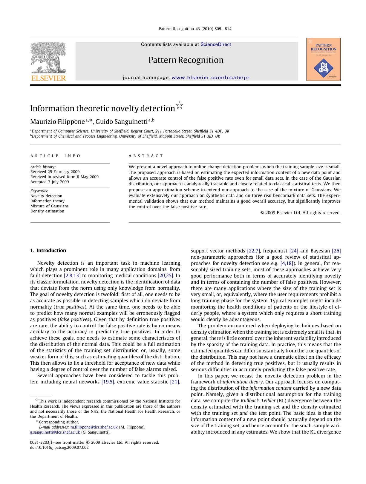 First page of Information Theoretic Novelty Detection paper