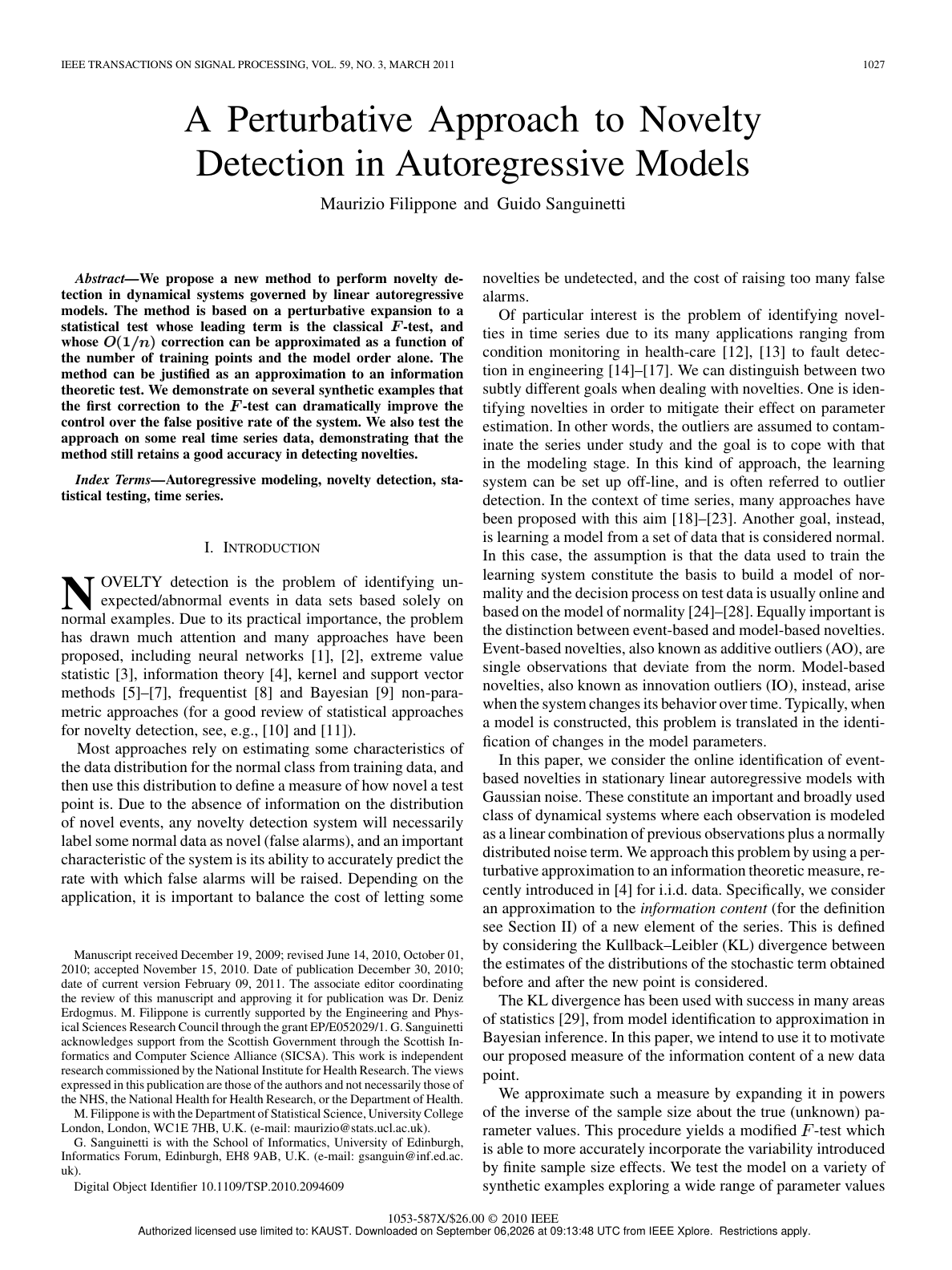 First page of Perturbative Novelty Detection in Autoregressive Models paper