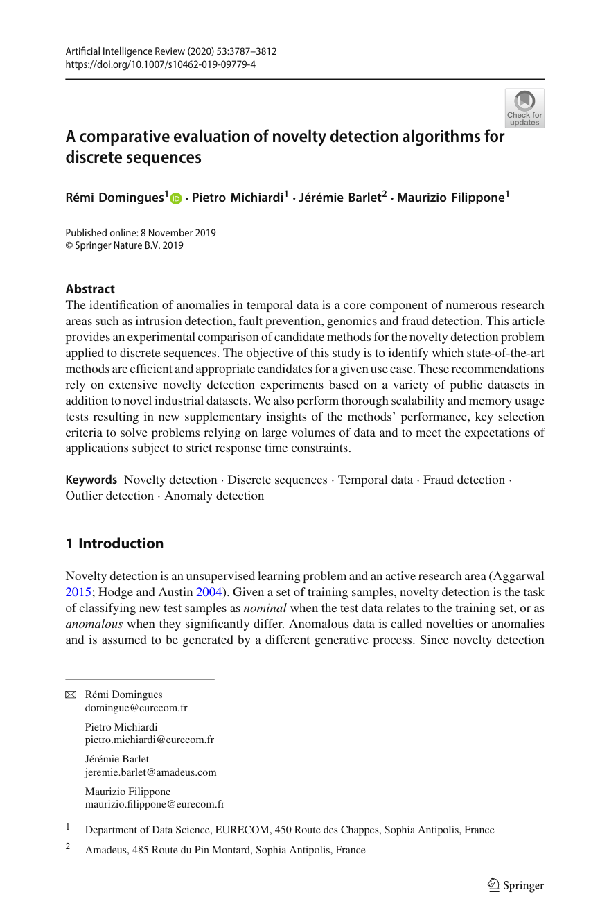 First page of Comparative Evaluation of Novelty Detection for Discrete Sequences paper