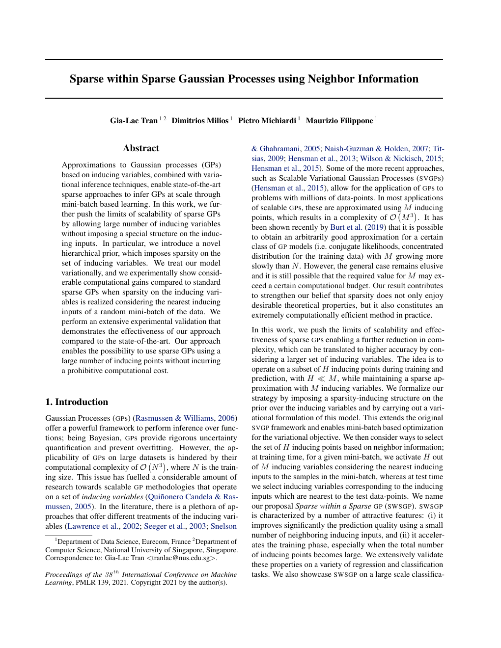 First page of Sparse within Sparse Gaussian Processes paper